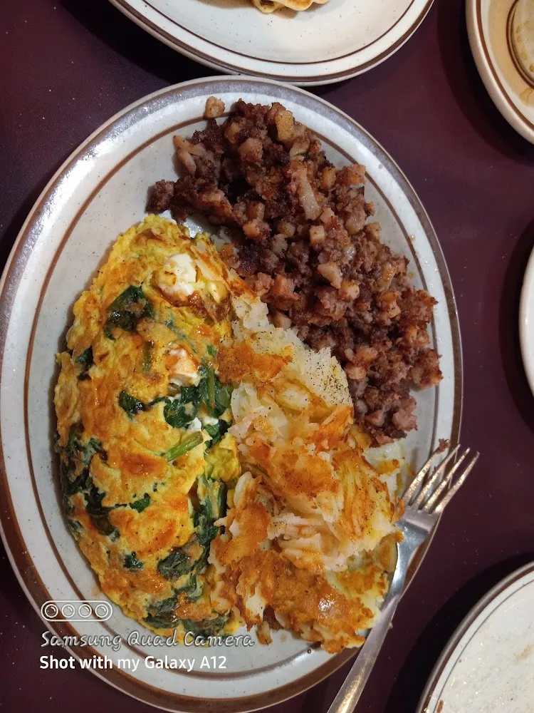 Spinach & Feta Cheese Omelette with Side of Corned Beef Hash